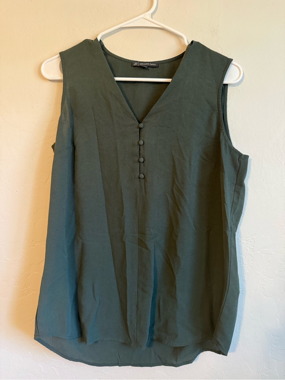 Adrianna Papell Dark Olive V-Neck Sleeveless Top with Covered Buttons